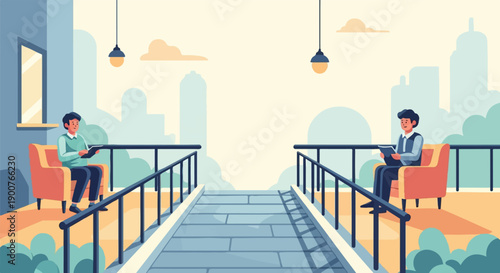 Two men in chairs on a walkway, city skyline in background