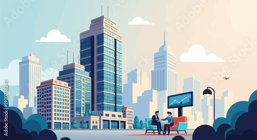 Two men in business attire shake hands seated on sofas in a pixelated city skyline setting