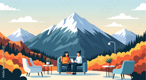 Two people sit on a couch before a snowy mountain landscape