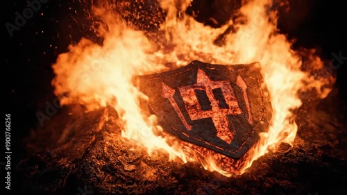 A fiery shield with a stylized trident crest set amidst burning embers, sparks, and flame