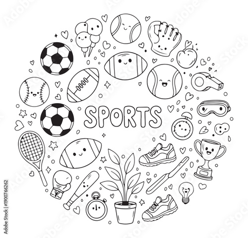Sports Games Doodle Vector, Athletic Activity Clipart Graphics, Ball Games Design, Sports Equipment Set, Fitness Sports Pack, Recreation Collection, Active Sports Bundle

