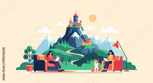 Two people and dogs relax in comfortable chairs with laptops before a fantastical mountain castle