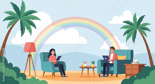 Two people and dogs relax under palm trees with rainbow