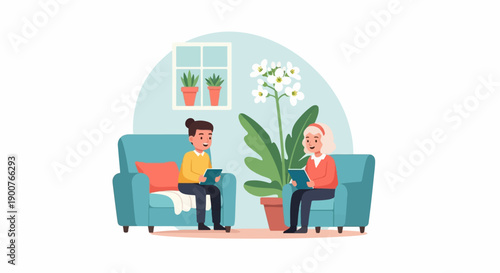 Two people sit in comfortable chairs reading books near plants