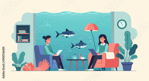 Two people sit in comfortable chairs, engaged with devices