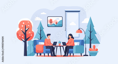 Two people work on laptops on sofas in a cozy room with plants and trees