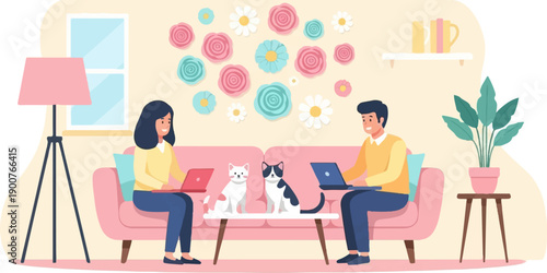 Two people and two cats relax on a pink couch with laptops, surrounded by decor