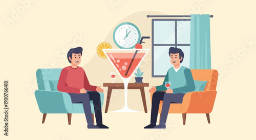 Two men relax in armchairs, enjoying drinks and conversation