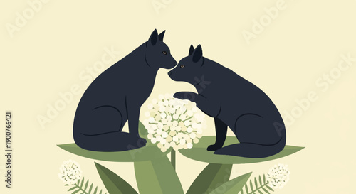 Two black animals sit near a white flower on green leaves