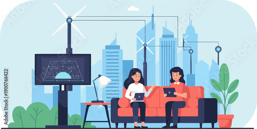 Two people on a sofa in front of a screen with a blueprint