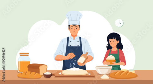 Two bakers, a man and woman, preparing dough and ingredients for baking