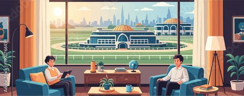 Two men relax indoors with a view of a racetrack and cityscape