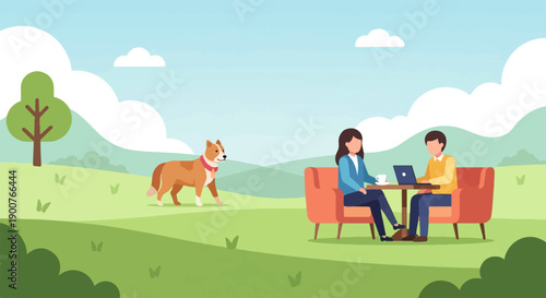 Two people work on laptops outdoors with a dog in a scenic park setting