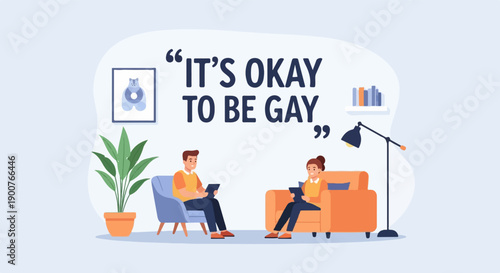 Two people sit in comfortable chairs, a plant nearby, a quote on the wall