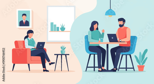 Two people work on laptops, one at home, the other in a cafe