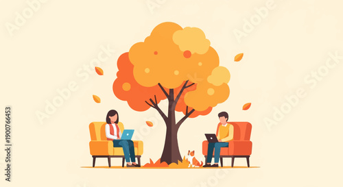 Two people work on laptops under an autumn tree with a dog