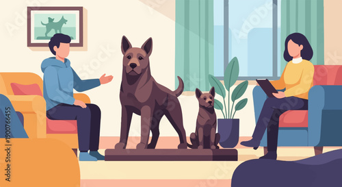 Two people and two dog sculptures in a minimalist room setting