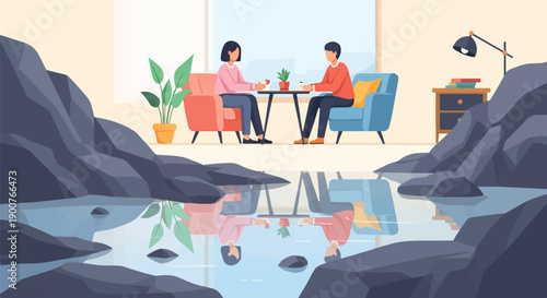 Two people sit in chairs at a table, reflected in water with rocks