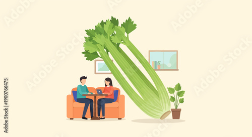 Two people on a sofa with a giant celery stalk and houseplant