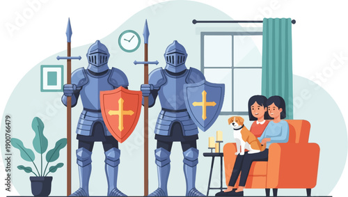 Two armored guards flank a cozy domestic scene with a dog