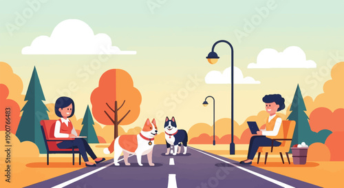 Two people and two dogs enjoying a pleasant autumn day in a park