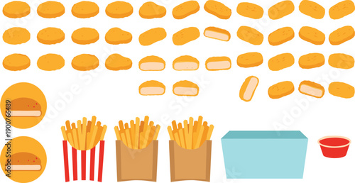 Set of french fries and potato shapes with fast food packaging, cartons, boxes, and sauce cup, cartoon style vector illustrations isolated on white