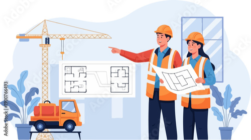 Two architects discussing blueprints on a construction site with a crane and truck