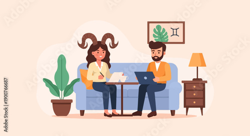 Two people on couch, one with horns, working with laptop and paper
