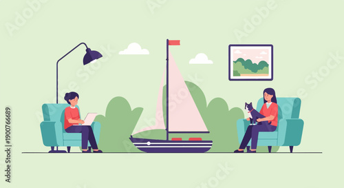 Two people relax indoors with a sailboat decoration and pets