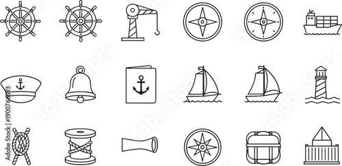 Set of nautical and maritime outline icons including ship wheel, compass, anchor, lighthouse, sailboat, and sea navigation symbols, minimal line vector illustrations