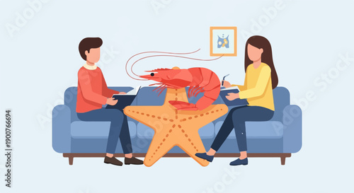Two people on couch with giant shrimp on starfish between them