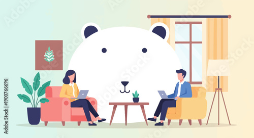 Two people work on laptops while seated on armchairs, with a large cartoon bear face behind them