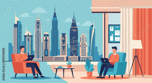 Two men work on laptops in cozy chairs with a cityscape visible