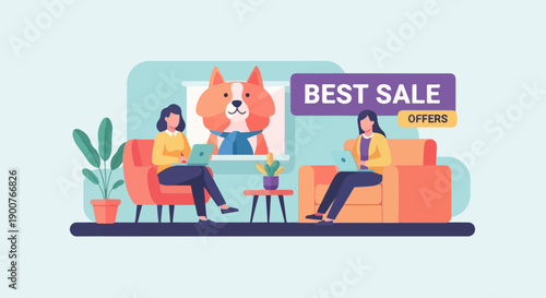 Two people on couches use laptops, with a dog in a frame and a "Best Sale Offers" sign