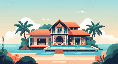 Tropical villa with pool and palm trees by the serene blue ocean