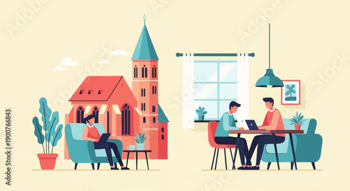 Two men working on laptops in a cozy room beside a church