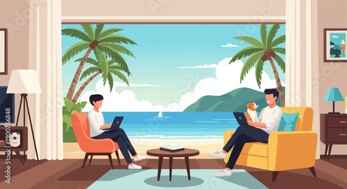 Two men work remotely on laptops near a beach, accompanied by a dog
