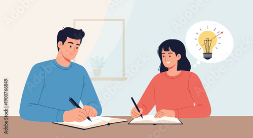 Two people at a table writing and thinking about ideas