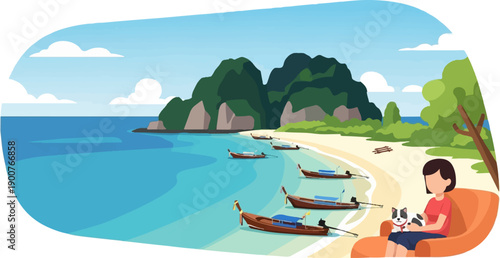 Tropical paradise with a woman and dog on a couch by the ocean