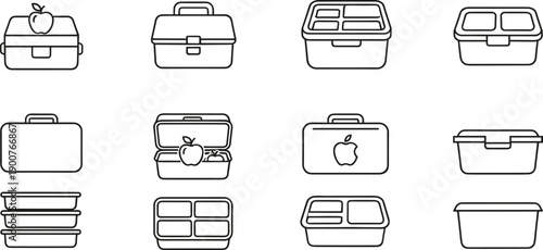 Outline lunch box and food container icon set featuring reusable meal prep boxes with apple symbol for healthy eating and storage concepts