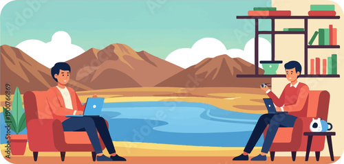 Two men working on laptops in a cozy room with a scenic view