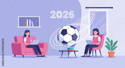 Two people on laptops near a soccer ball, a window, and a plant