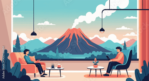 Two people relax indoors, observing a smoking volcano through a large window