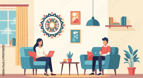 Two people on laptops in a modern living room with art and plants