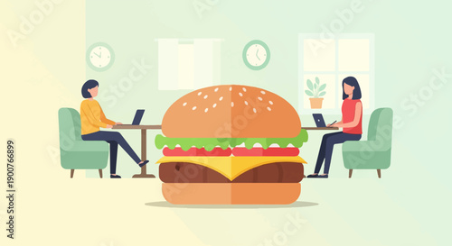 Two people on laptops with a large hamburger between them in a room
