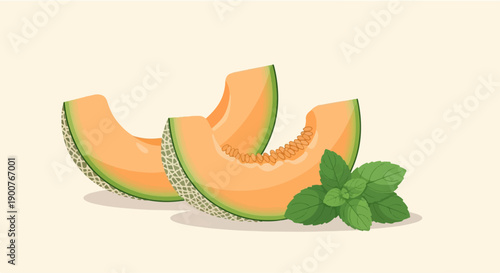 Two orange melon slices with a sprig of green mint on a light background