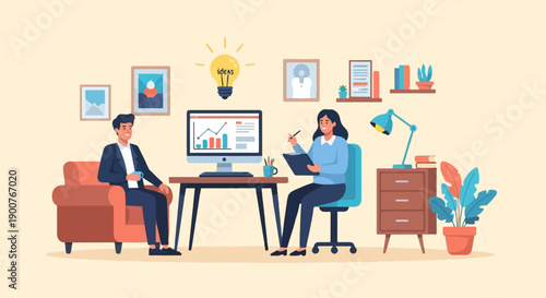 Two people collaborate in an office, brainstorming ideas with a bright lightbulb