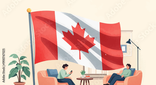 Two people relax indoors beneath a large Canadian flag