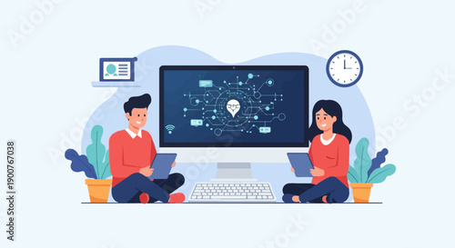 Two people collaborate on a digital network visualized on a computer screen