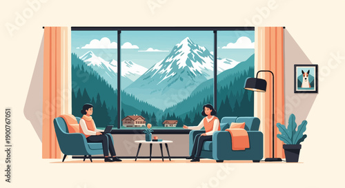 Two people relax in cozy chairs, overlooking a snowy mountain landscape